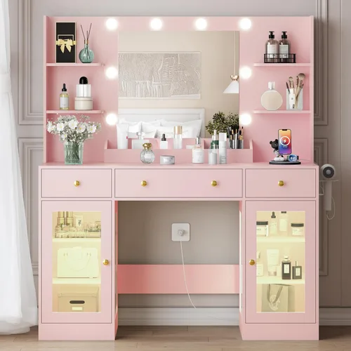 Miniatura 21 de HUANLEGO Escritorio de tocador con espejo y luces, tocador de maquillaje con espejo y luces LED y toma de corriente, 3 cajones y armarios, 3 modos