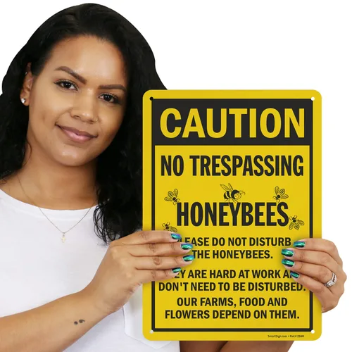 Miniatura 4 de SmartSign Letrero de metal con texto en inglés "Caution - No Trespassing, Honeybees" de 14 x 10 pulgadas, aluminio laminado a prueba de óxido, negro