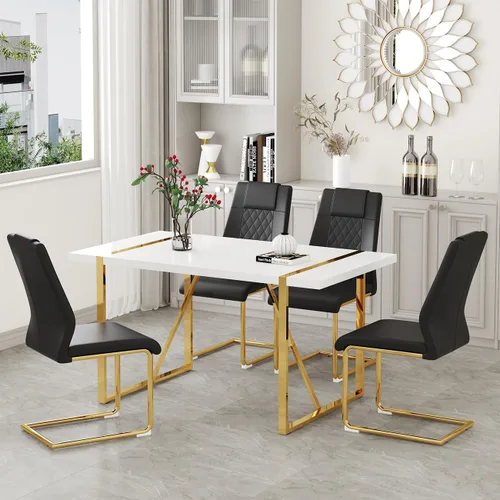 Miniatura 11 de Juego de mesa de comedor moderna de 55 pulgadas para 4, mesa de comedor negra y marco de metal dorado, mesa de comedor rectangular con 4 sillas