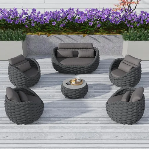 Miniatura 32 de TWT 3-Piece Woven Rope Patio Furniture Set, 2 Outdoor Armchairs with Soft Cushions + Round Aluminum Coffee Table, All-Weather Conversation Set for