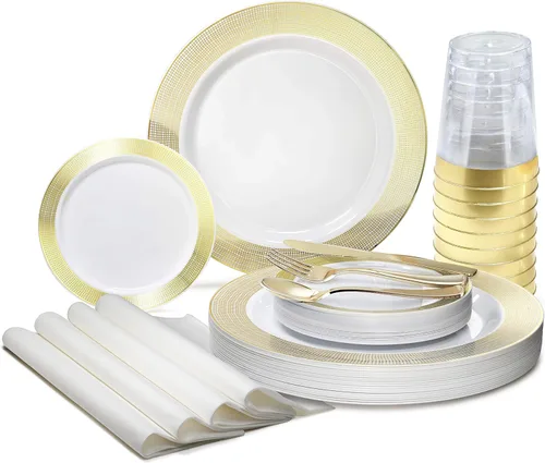 Miniatura 9 de Occasions" - Juego de 125 piezas (25 invitados) - Platos y cubiertos de plástico para boda, vajilla pesada desechable de 10.5 pulgadas, 6.25