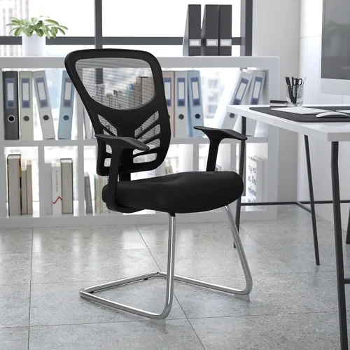 Miniatura 2 de Flash Furniture Silla de recepción lateral de malla negra con base de trineo cromada