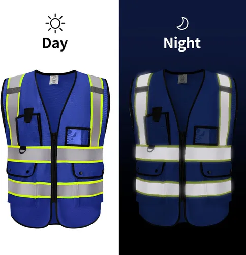 Miniatura 3 de Chaleco Reflectante Clase 2 de Seguridad ANSI con Bolsillos y Cremallera de Alta Visibilidad Uniforme de Construcción K-azul