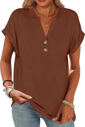 Miniatura 10 de ANRABESS - Camisetas Henley de manga corta para mujer, cuello en V, elegantes, estilo informal, de corte suelto; blusas fluidas de verano, ropa