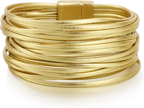 Miniatura 19 de Edoneery - Pulsera envolvente de cuero para mujer, brazalete de puño de múltiples capas hecho a mano estilo bohemio con cuentas de cristal
