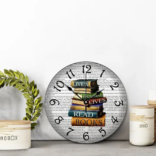Miniatura 6 de Doffed - Reloj de pared para biblioteca, estilo vintage, de madera rústica, 10, silencioso, sin tictac, de cuarzo, funciona con pilas, para sala