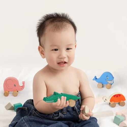 Miniatura 5 de TOWO - Autos de madera para niños pequeños – Animales sobre ruedas – Vehículos sensoriales de agarre motriz juguete – Camiones de empuje y marcha