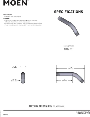 Miniatura 3 de Moen Brazo de ducha con conexiones IPS de 1/2 pulgada, 6 pulgadas, níquel cepillado, 10154BN