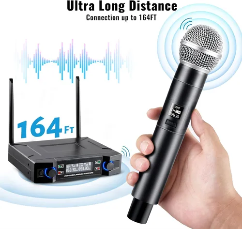 Miniatura 6 de Sistema de micrófono inalámbrico profesional, 18 dBm, SNR ≥110 dB, alcance de 164 pies, micrófonos dinámicos de mano inalámbricos para cantar