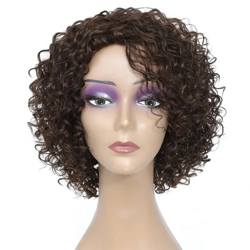 Miniatura 10 de Pelucas de cabello humano rizado brasileño de 10 pulgadas para mujeres negras, peluca corta sin pegamento con color natural, 100% cabello humano
