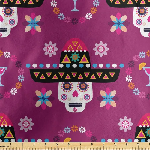 Miniatura 147 de Ambesonne The Yard, tela de calavera colorida con temática de Halloween, diseño de calavera y huesos cruzados, divertido estampado de dibujos