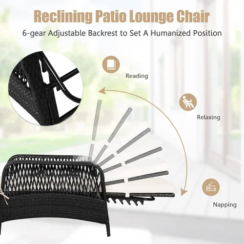 Miniatura 6 de HAPPYGRILL Tumbona de patio al aire libre de mimbre reclinable con cojín grueso, almohada lumbar, respaldo ajustable para jardín, porche, césped