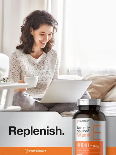 Miniatura 6 de Horbäach Suplemento de vitamina E 400 UI (268 mg) 300 cápsulas de cápsulas blandas D-alfa tocoferol Fórmula sin OMG y sin gluten