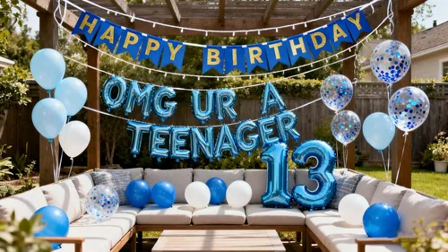 Decoraciones de cumpleaños número 13 azul para niños, pancarta OMG UR A Teenager Happy 13th Birthday Banner número 13 globos de papel de aluminio