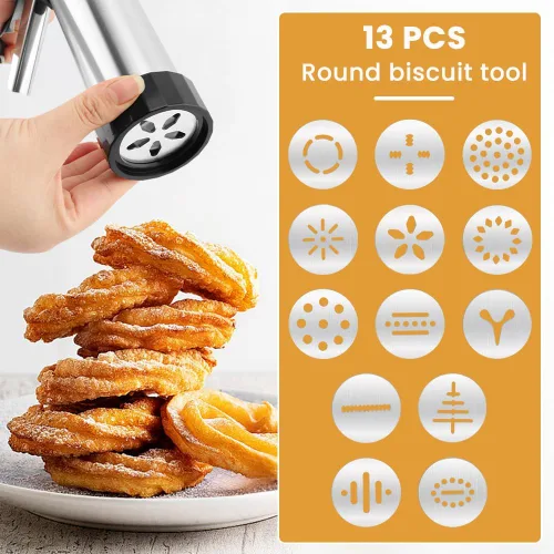 Miniatura 7 de Prensa de galletas de acero inoxidable, kit de pistola de prensa de galletas, fabricante de Spritz con 8 puntas de tubería y 13 discos para hacer