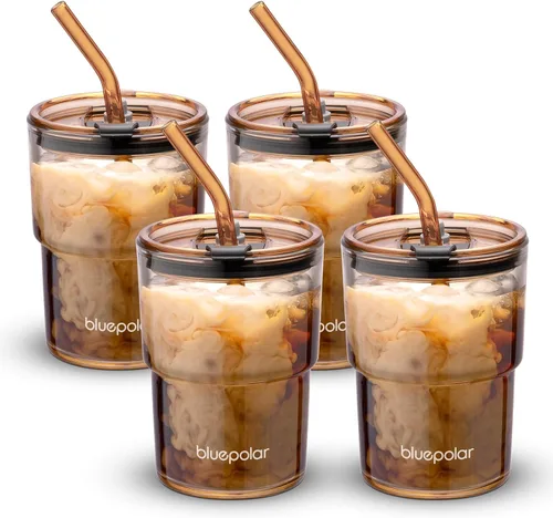 Miniatura 7 de BLUEPOLAR - Vaso de agua de vidrio de 13 oz/400 ml con popote y tapa sellada para llevar, vaso de café helado de pared gruesa, vaso de vidrio