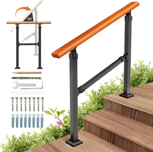 Miniatura 12 de Kit de pasamanos de escalera al aire libre UOKRR, pasamanos de hierro con grano de madera para interior, se adapta a 1-2 escalones