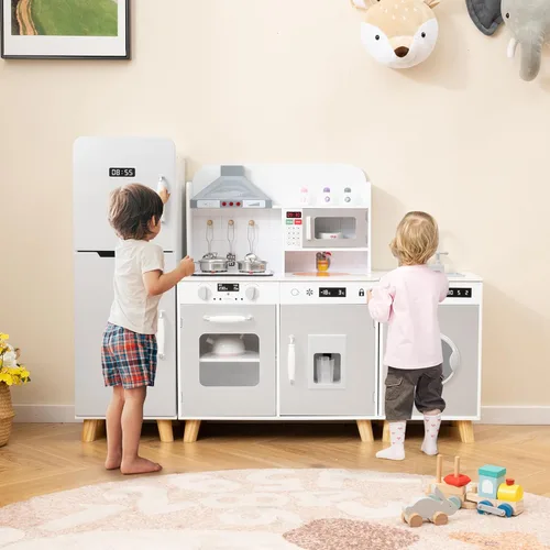 Miniatura 9 de HONEY JOY Juego de cocina para niños, 3 piezas, modular de madera de esquina, juego de cocina, refrigerador/lavadora y fregadero, campana extractora