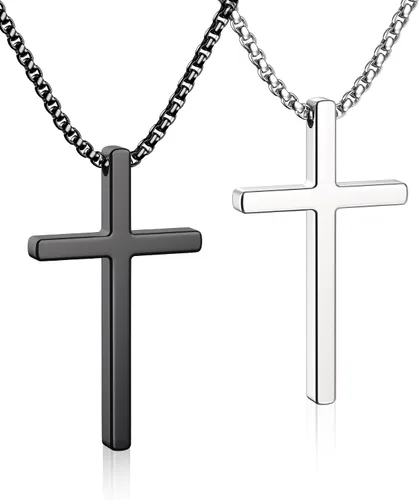 2 collares de cruz para hombre, plata y negro para hombre, collar con colgante de cruz de acero inoxidable, regalo de joyería para hombres, cadena