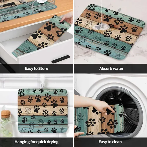Miniatura 4 de Tapete de secado de platos con estampado de patas de perro para encimera de cocina, tapete de secado de platos de madera verde azulado, marrón