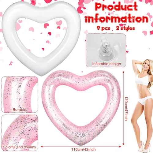 Miniatura 2 de Honoson 8 unidades de flotador de piscina con forma de corazón de 47.3 x 43 pulgadas, anillos de natación inflables en forma de corazón, flotador