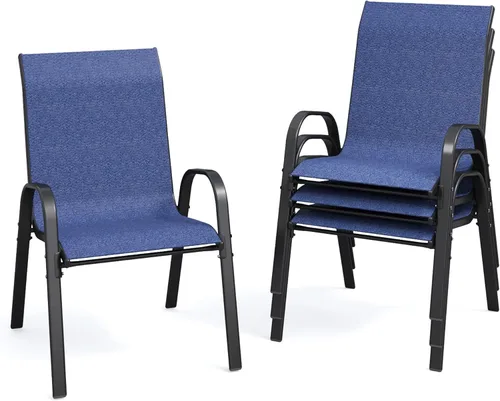 Miniatura 13 de Juego de 4 sillas de comedor para patio, sillas de comedor apilables, respaldo alto, tela de asiento transpirable y marco de acero de aleación