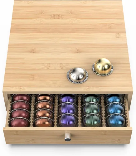 Miniatura 8 de Para cápsulas Nespresso Vertuo (NV140) – Cajón de cápsulas de café de bambú premium, soporte organizador de 40 cápsulas grandes o 52 pequeñas