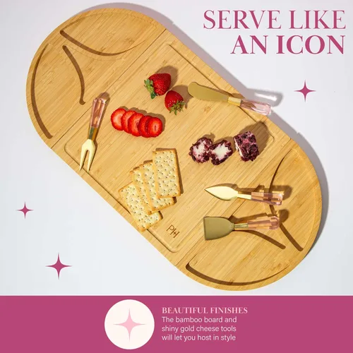 Miniatura 5 de Juego de tabla para embutidos y bandeja de servir Paris Hilton, tabla de bambú magnética y personalizable con utensilios para queso, set de 7