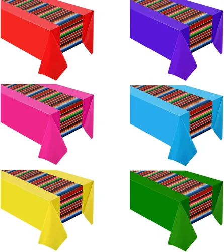 Miniatura 12 de Oudain Mantel de plástico para fiesta, 3 piezas, 108 x 54 pulgadas, desechables, impermeables, mexicanos, a rayas, para noche de tacos, festivales