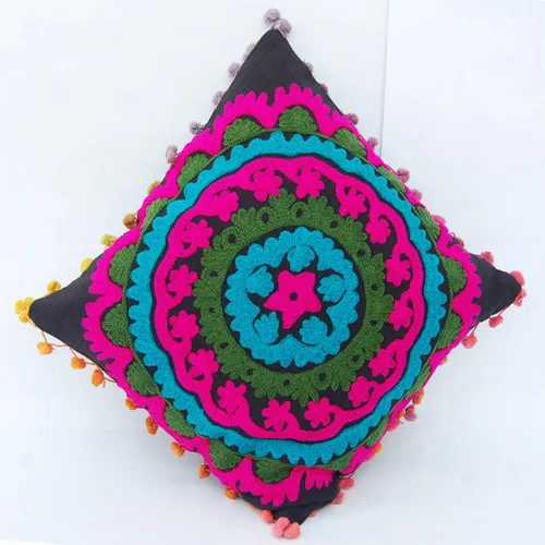Miniatura 2 de Funda de cojín bohemia Suzani, fundas de almohada bordadas de 16 x 16 pulgadas, fundas de almohada decorativas, cojines indios con pompones al aire