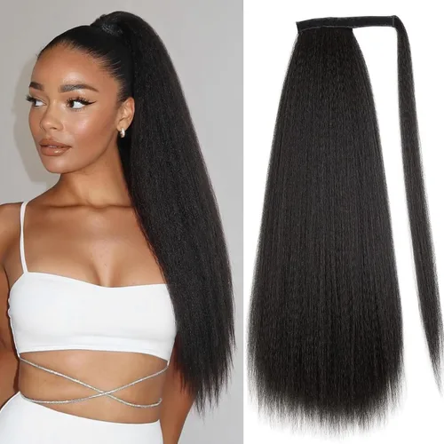 Miniatura 13 de WIGNEE Extensión de cola de caballo larga rizada recta y envolvente, extensión de cola de caballo Yaki negro natural para mujeres negras, Marrón