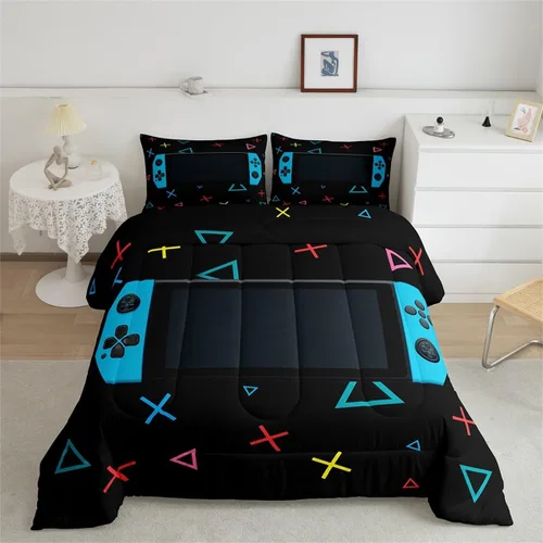 Miniatura 13 de Feelyou Juego de edredón negro para adolescentes y niños, juego de ropa de cama con estampado de consola de videojuegos de 2 piezas, 1 edredón con 1