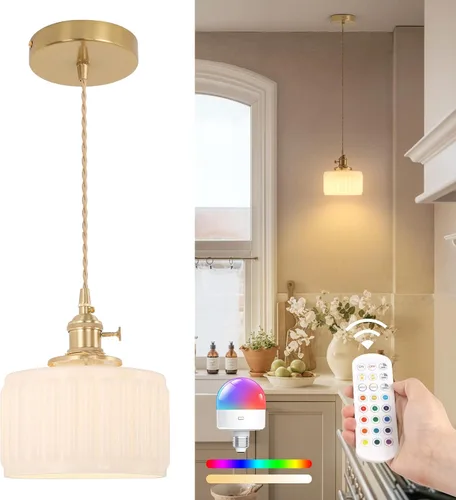 Miniatura 32 de Shenmoyl Lámpara colgante con pantalla de vidrio transparente a rayas, luz colgante vintage de latón, luz colgante ajustable para cocina, isla