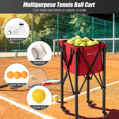 Miniatura 5 de Goplus Tolva plegable para pelotas de tenis, cesta de aluminio ligera con ruedas, bolsa extraíble, bolsillos laterales, bolsa de transporte, carrito