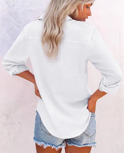 Miniatura 2 de Camisas de algodón con botones, para mujer, camisas de vestir Oxford, camisas de trabajo de manga larga, blusas con cuello y bolsillo