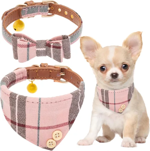 Miniatura 25 de EXPAWLORER Juego de collar y correa para perro - Corbata de moño clásica a cuadros para perro y collar bandana para perro con campana, correa