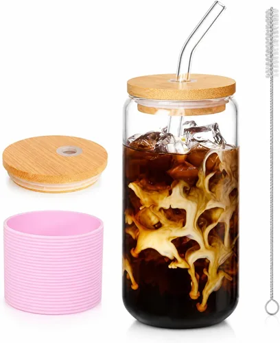 Miniatura 12 de Taza de bambú de vidrio de 16 onzas con tapa y pajita, juego de tazas de café de vidrio de 16 onzas, batido, cerveza, jugo, matcha, vasos estéticos