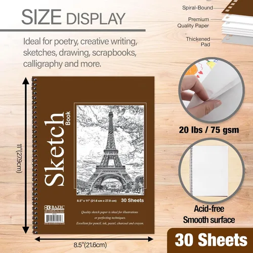 Miniatura 2 de BAZIC Products Cuaderno de bocetos de 30 hojas, 8.5" x 11" pulgadas, cuaderno de bocetos con encuadernación espiral lateral, blocs de dibujo, papel