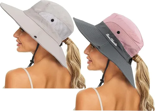 Miniatura 29 de Sombrero de sol de verano para mujer, cola de caballo – Protección UV de malla de ala ancha plegable con agujero para cola de caballo