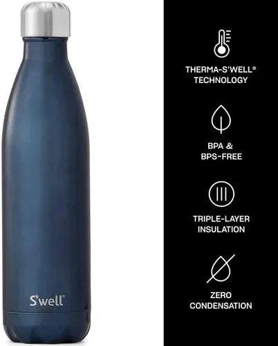 Miniatura 3 de S'well Botella de agua de acero inoxidable con asa de viaje, 17 onzas líquidas, gamuza azul, recipientes aislados al vacío de triple capa que