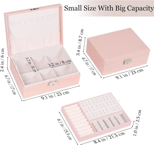 Miniatura 2 de Joyero para mujeres y niñas, contenedor organizador de joyas de 2 capas con cerradura, estuche de almacenamiento de piel sintética con bandeja