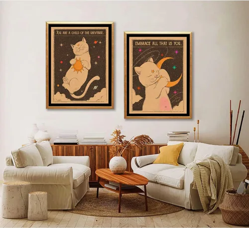 Miniatura 3 de 2 piezas de carta de tarot retro, póster de impresión de sol, luna, gato, arte de pared, hippie, bohemio, estética, decoración de habitación