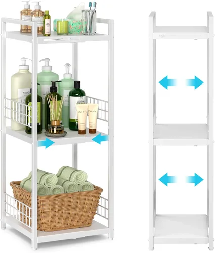 DAOUTIME Estante de almacenamiento delgado expandible, estantería de metal de 3 niveles para organizador de almacenamiento de baño, estante estrecho