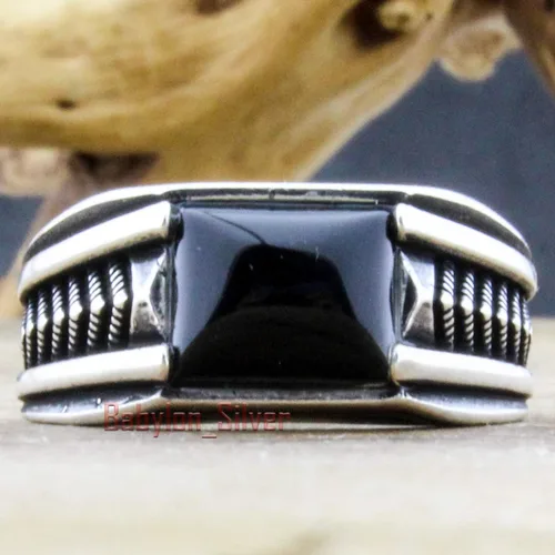 Miniatura 3 de Anillo de lujo de plata de ley 925 maciza auténtica, piedra de ónix negro