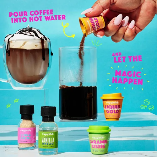 Miniatura 4 de Thoughtfully, Juego de regalo de barra de café helado, incluye café instantáneo, jarabes saborizados, cacao en polvo y azúcar de canela, estación