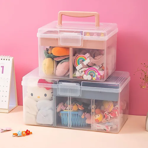 Miniatura 2 de Caja de almacenamiento pequeña y portátil de plástico para adornos de belleza, uñas y accesorios para el cabello, estuche de cosméticos con asa