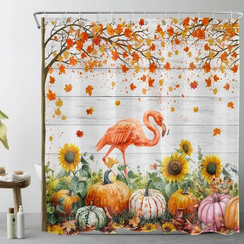 Miniatura 10 de LB Cortina de ducha de flores blancas y moradas para baño, lindo pájaro y hojas de otoño sobre tela beige con ganchos, juego botánico floral