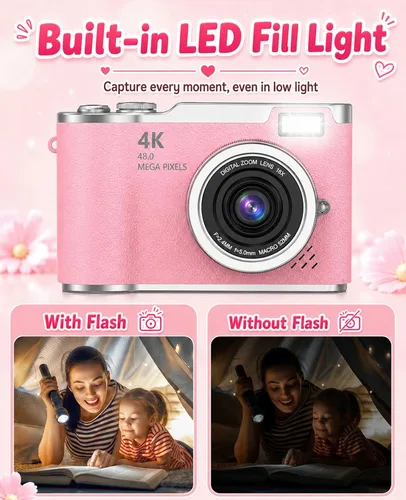 Miniatura 5 de Cámara digital para niños, cámara digital 4K para fotografía, cámara selfie de video HD 1080P de 48MP, con pantalla giratoria de 180° y flash