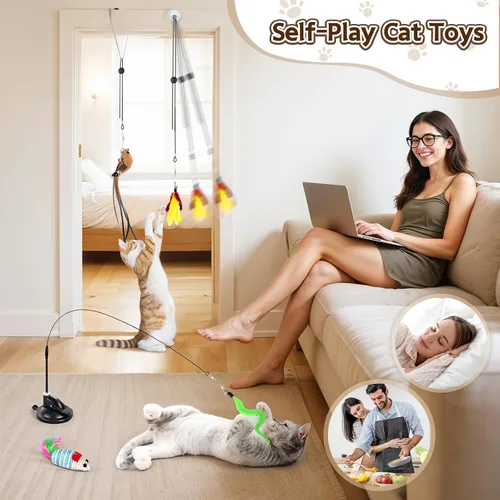Miniatura 5 de Juguetes Interactivos de Simulación de Pájaros para Gatos, Juguetes 4 en 1 para Gatos de Interior, 4 Pájaros de Repuesto, Varita Colgante