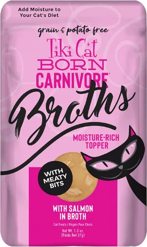 Tiki Cat Born Carnivore Broths, receta de salmón, suplemento de hidratación y sabor, suplemento de comida para gatos, bolsa de 1.3 onzas (paquete de